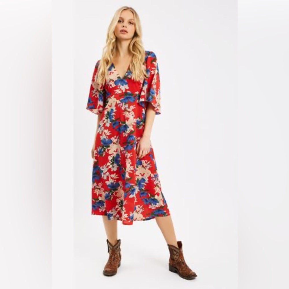 Floral Red Dress with Blue and Cream Accents